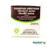 Back of the Vidaryadi Kwatham tablet pack, showing detailed product information including ingredients, dosage, and precautions.